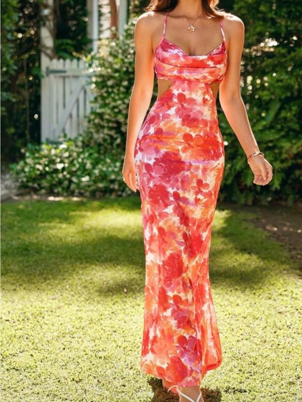 SHEIN Coral Pink & Orange Floral Cutout Maxi Dress